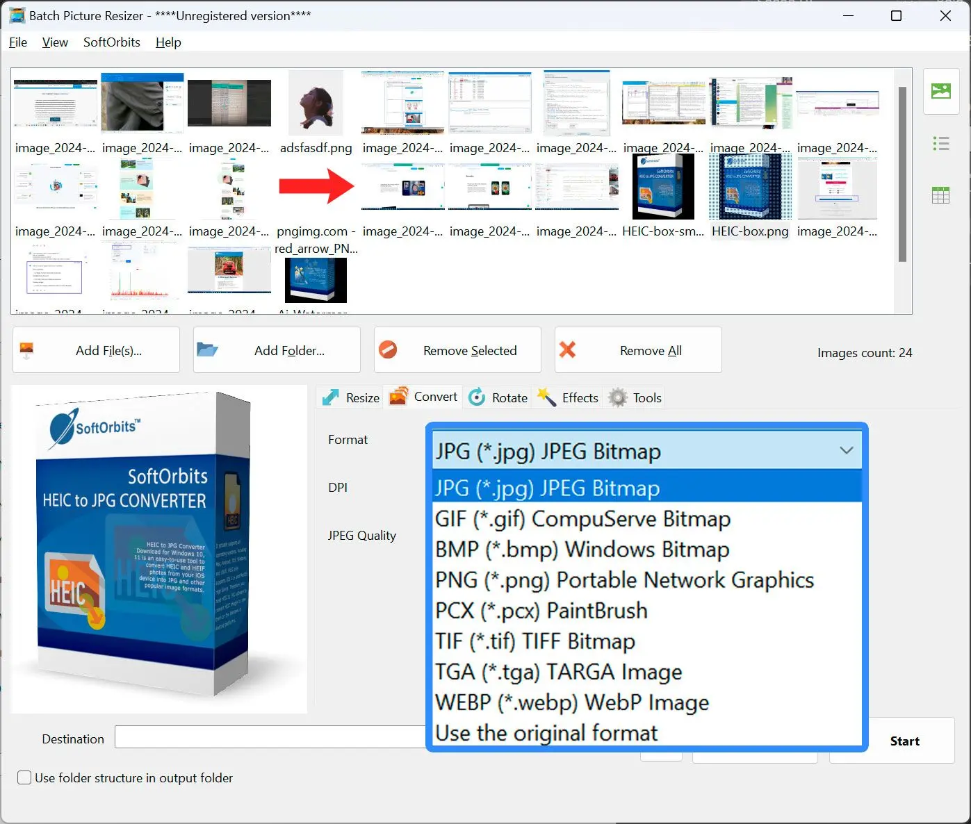 Select the JPEG output format.